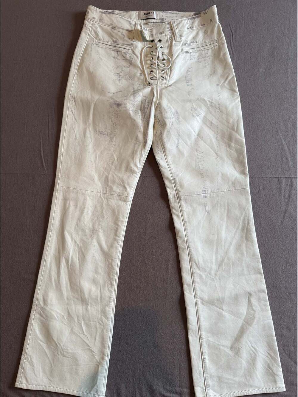 AGOLDE White Faux Leather Lace-Up Flare Pants – Size 26 – Stained Finish